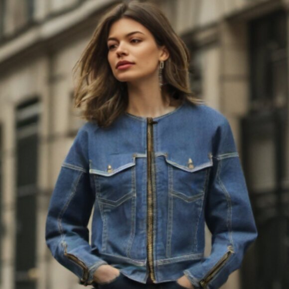 See By Chloe Front Back Zipper Detailing Blue Wash Denim Jacket Size 2 - Picture 2 of 7